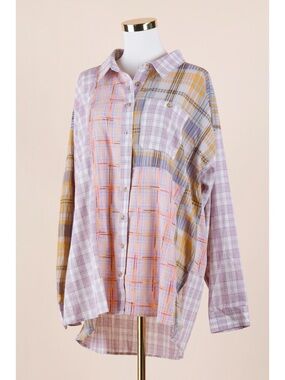Sz M Easel Pastel Plaid Patchwork Long Sleeve Oversized Button Down Shirt EUC